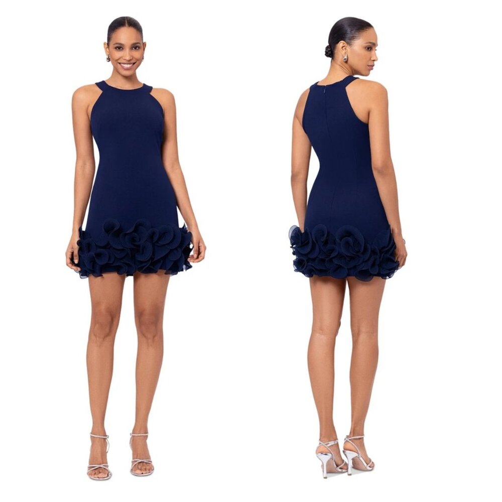 Xscape Women's Ruffled Navy Blue Cocktail Dress Size 10